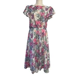 Lynn‎ Davis Vintage Floral Midi Dress Size 12 Pink Purple Green Flutter Sleeve